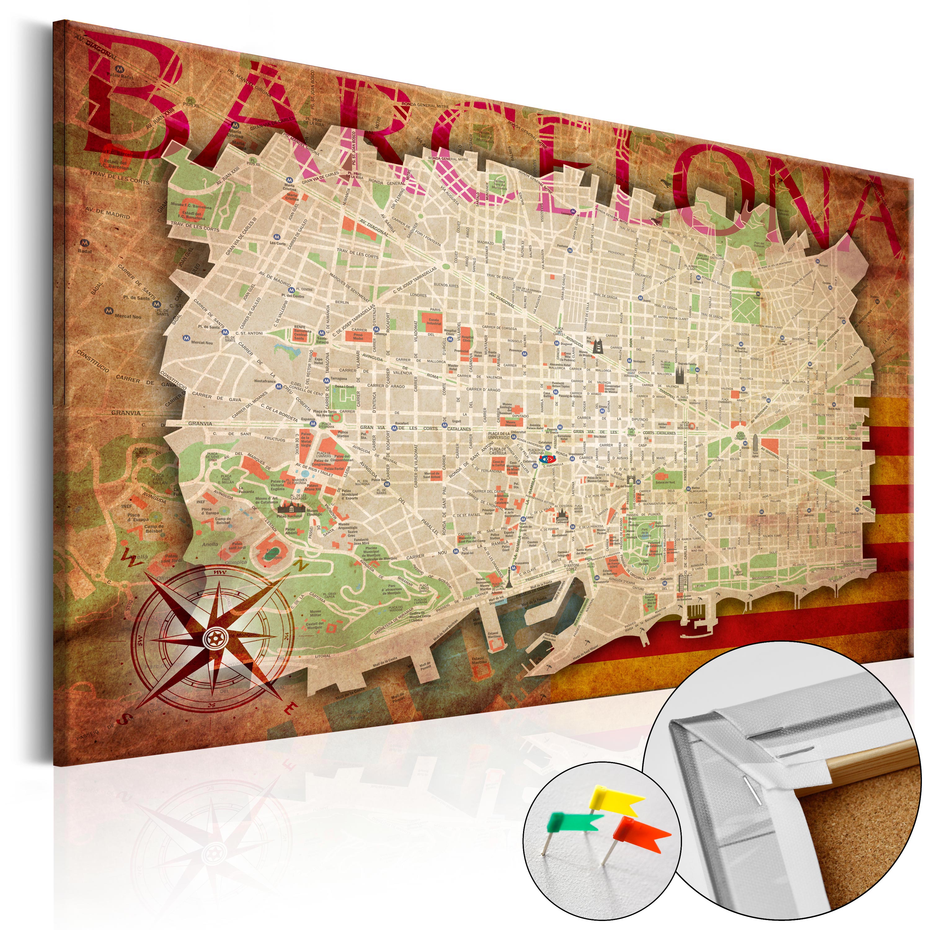 ARTGEIST Map of Barcelona - Kort over Barcelona i kork - Røde og gule farver - Flere størrelser 60x40