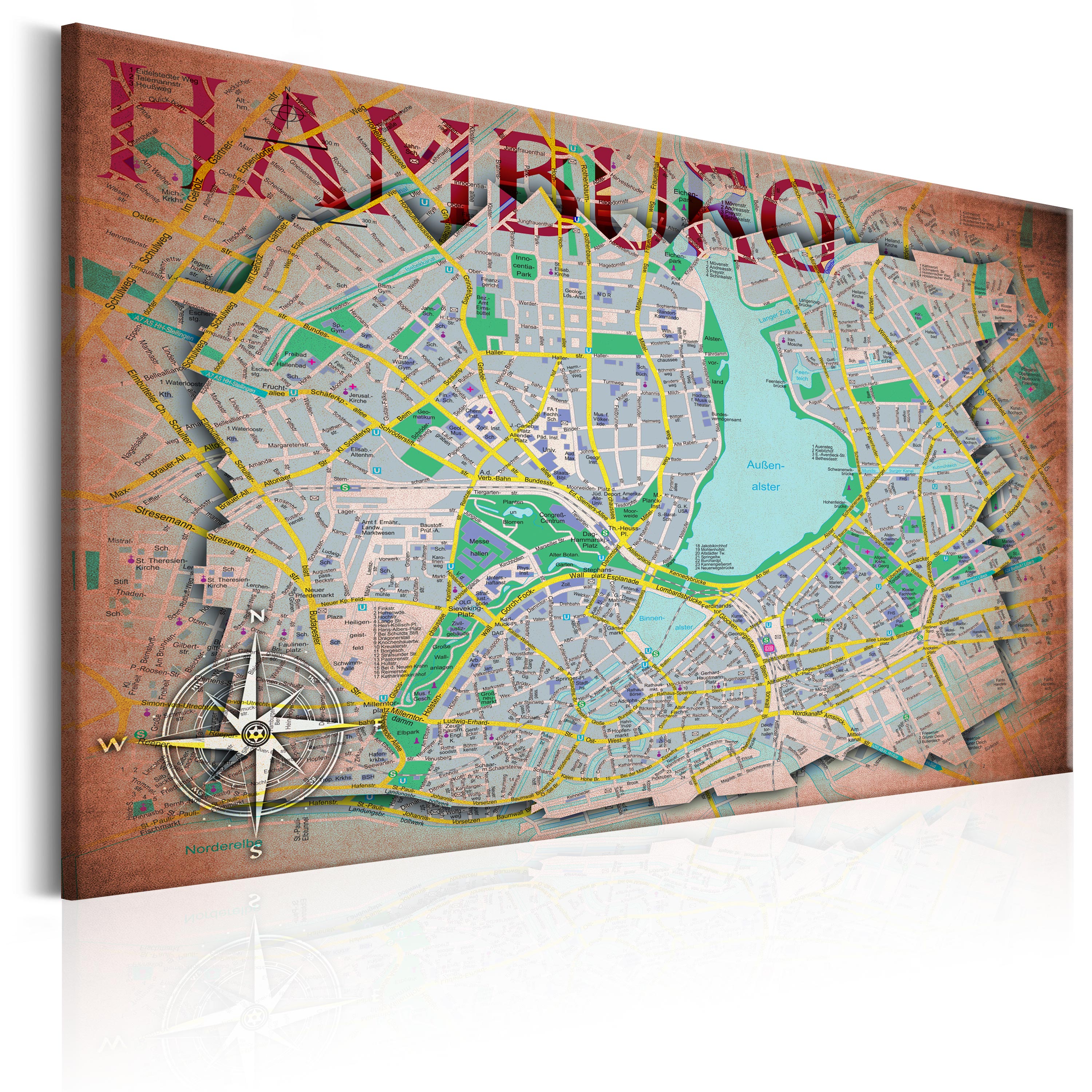 ARTGEIST Map of Hamburg - Kort over Hamborg trykt på lærred - Flere størrelser 60x40