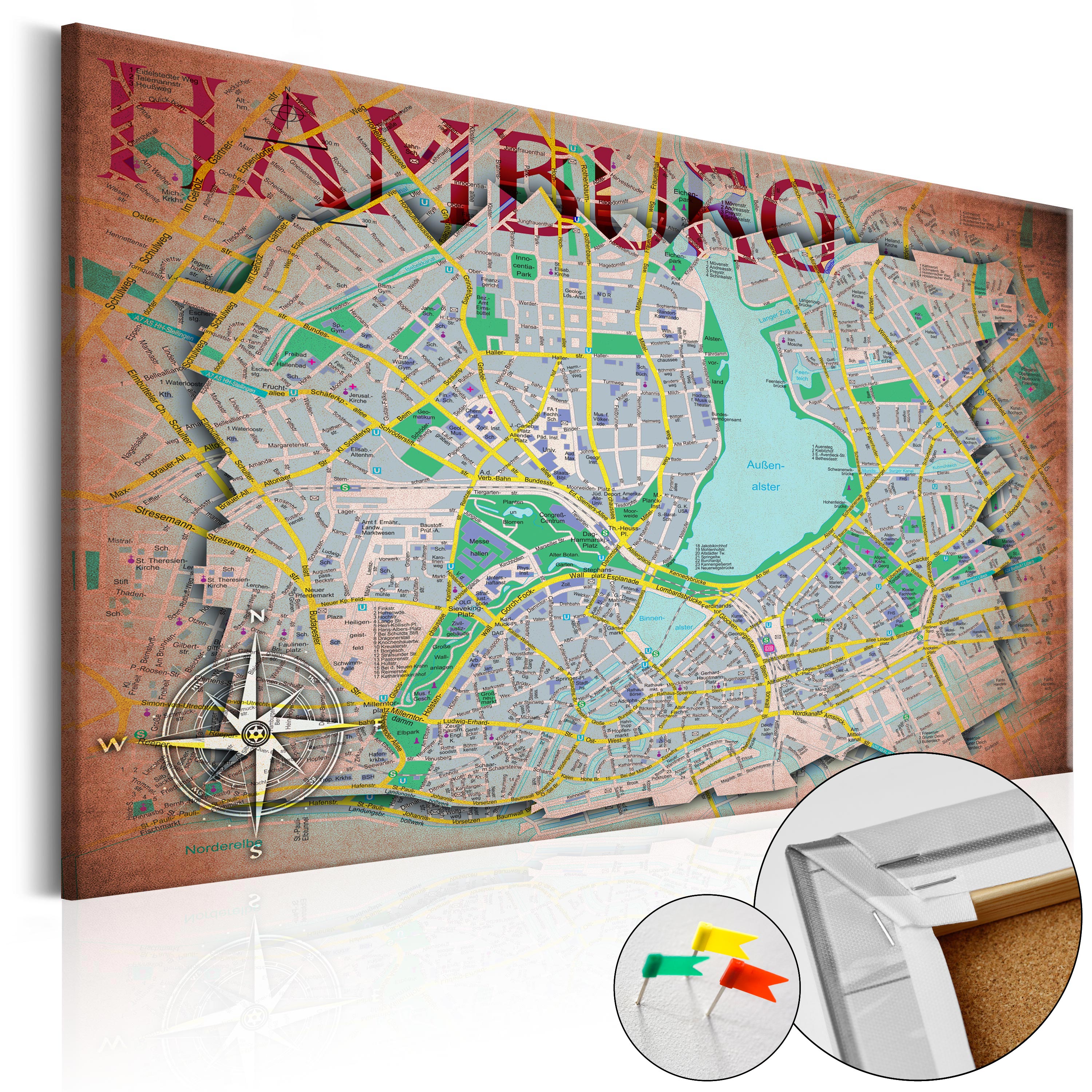ARTGEIST Map of Hamburg - Kort over Hamborg trykt på kork - Flere størrelser 90x60