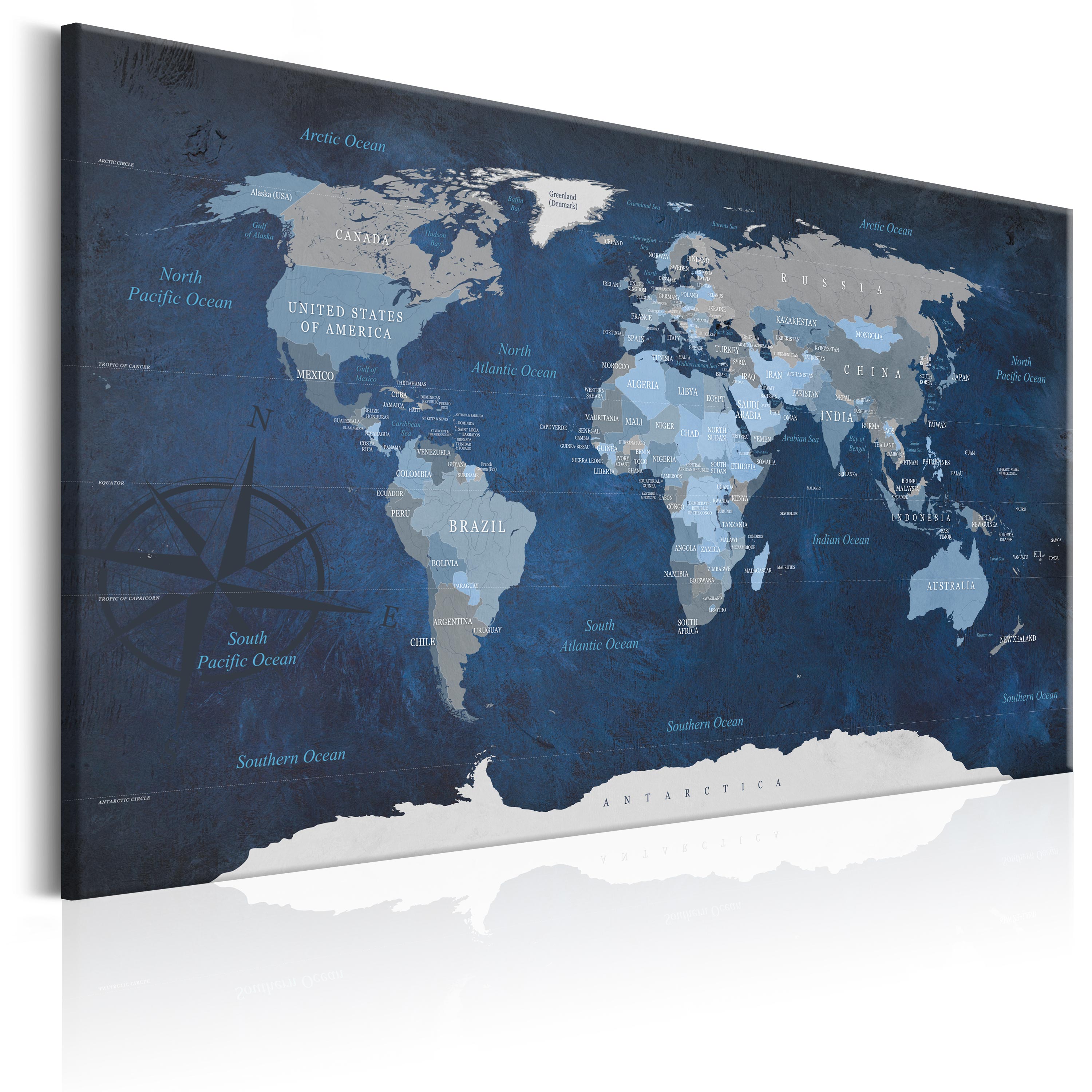 ARTGEIST Dark Blue World - Blå verdenskort med kompas trykt på lærred - Flere størrelser 120x80