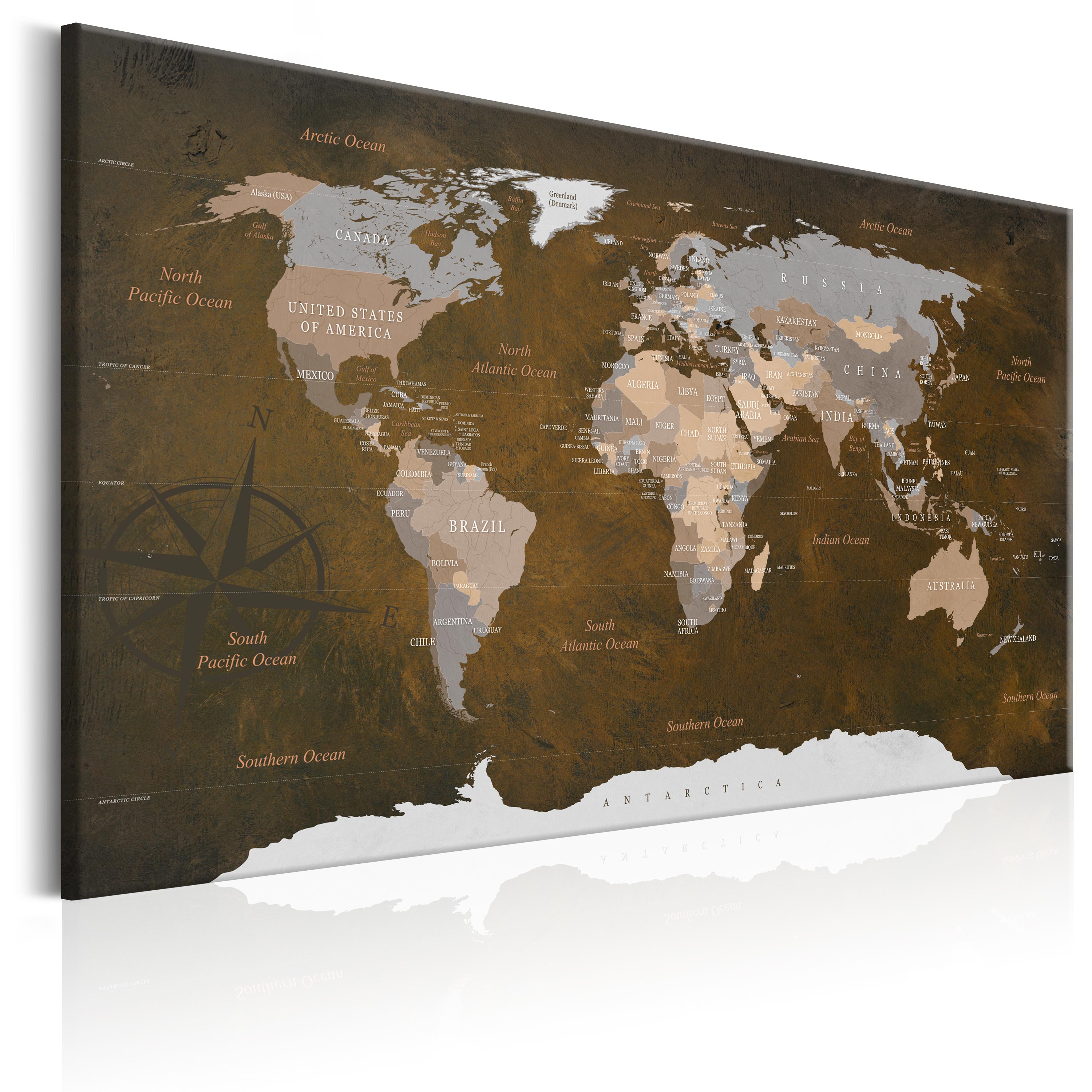 ARTGEIST Cinnamon Travels - Brunt verdenskort med kompas trykt på lærred - Flere størrelser 120x80