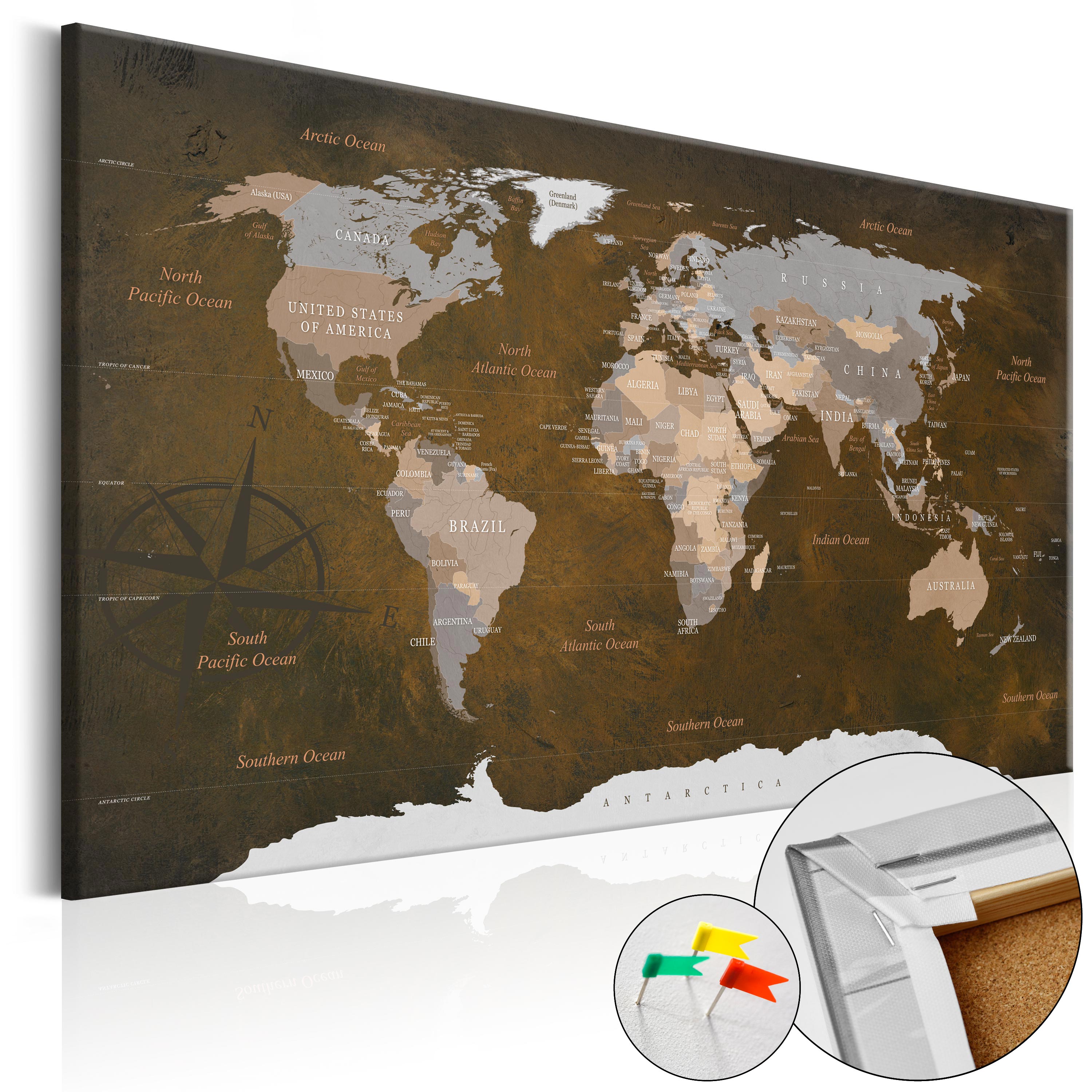 ARTGEIST Cinnamon Travels - Brunt verdenskort med kompas trykt på kork - Flere størrelser 120x80