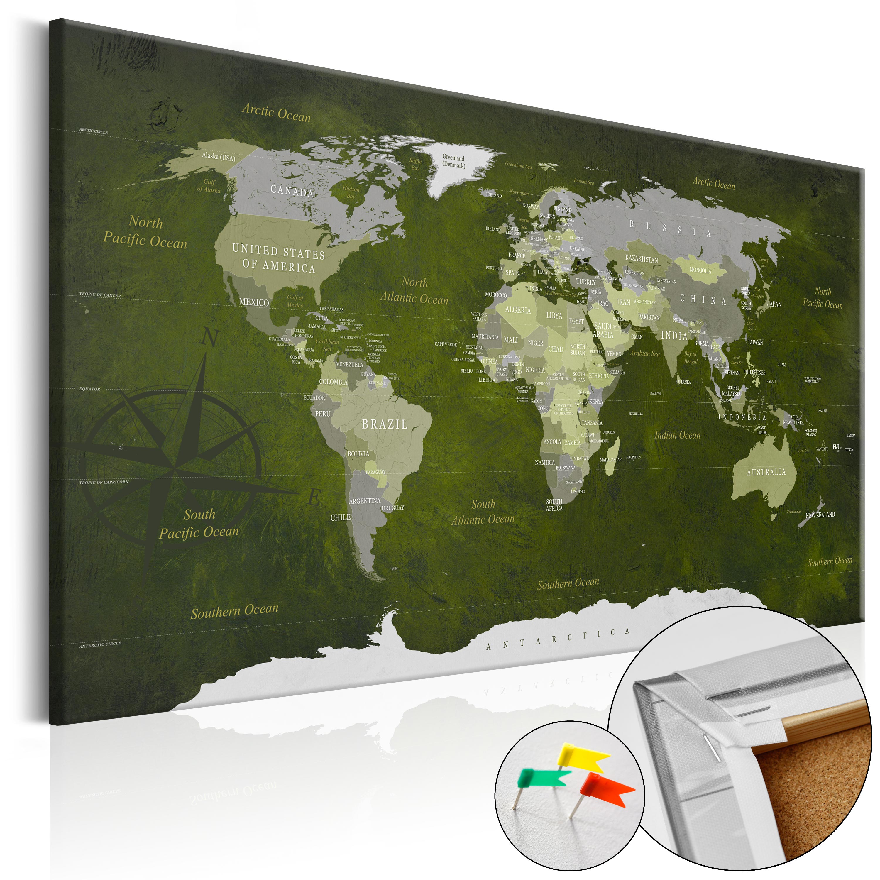 ARTGEIST Malachite World - Grønt verdenskort med kompas trykt på kork - Flere størrelser 120x80