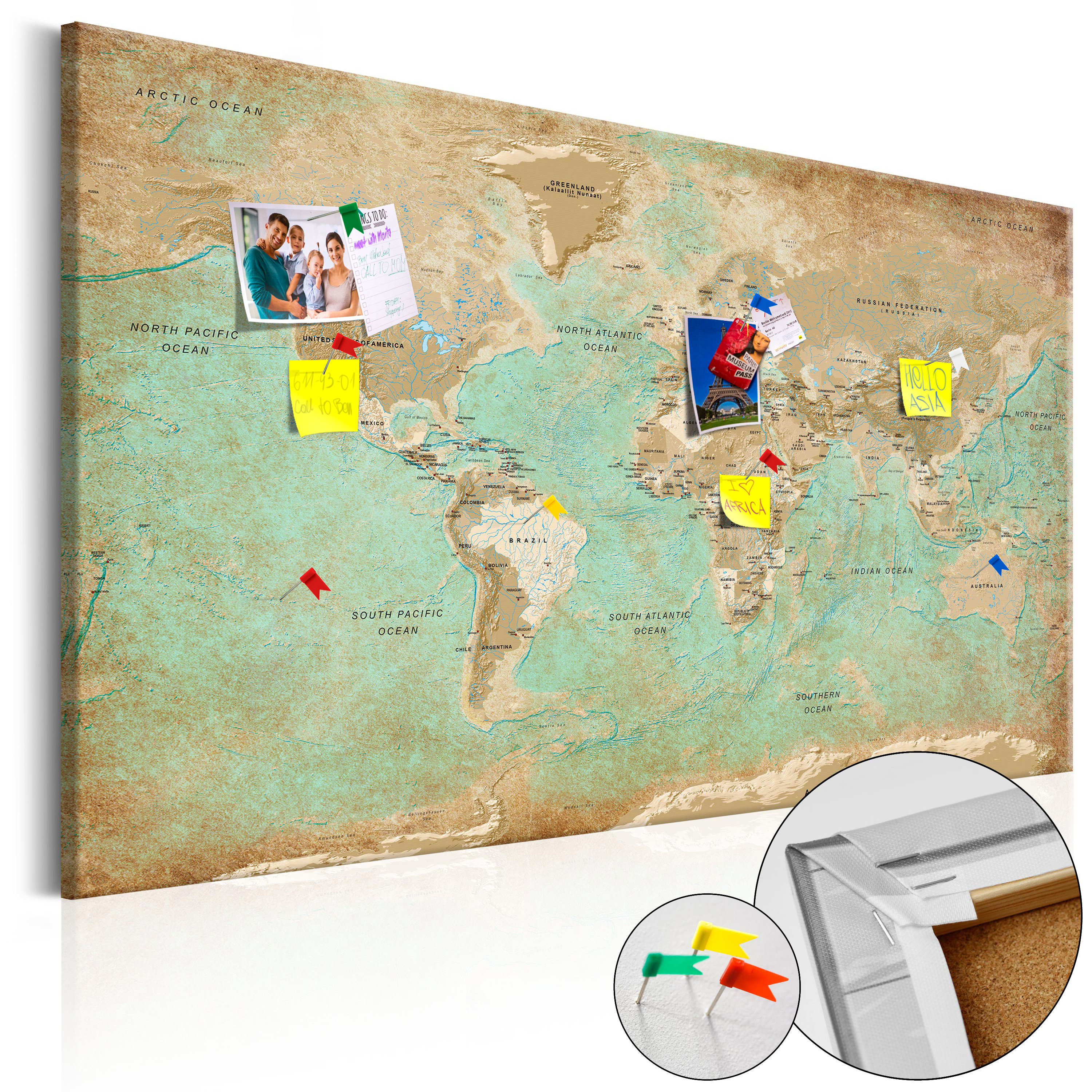 ARTGEIST Celadon Journey - Rustikt verdenskort trykt på kork - Flere størrelser 120x80