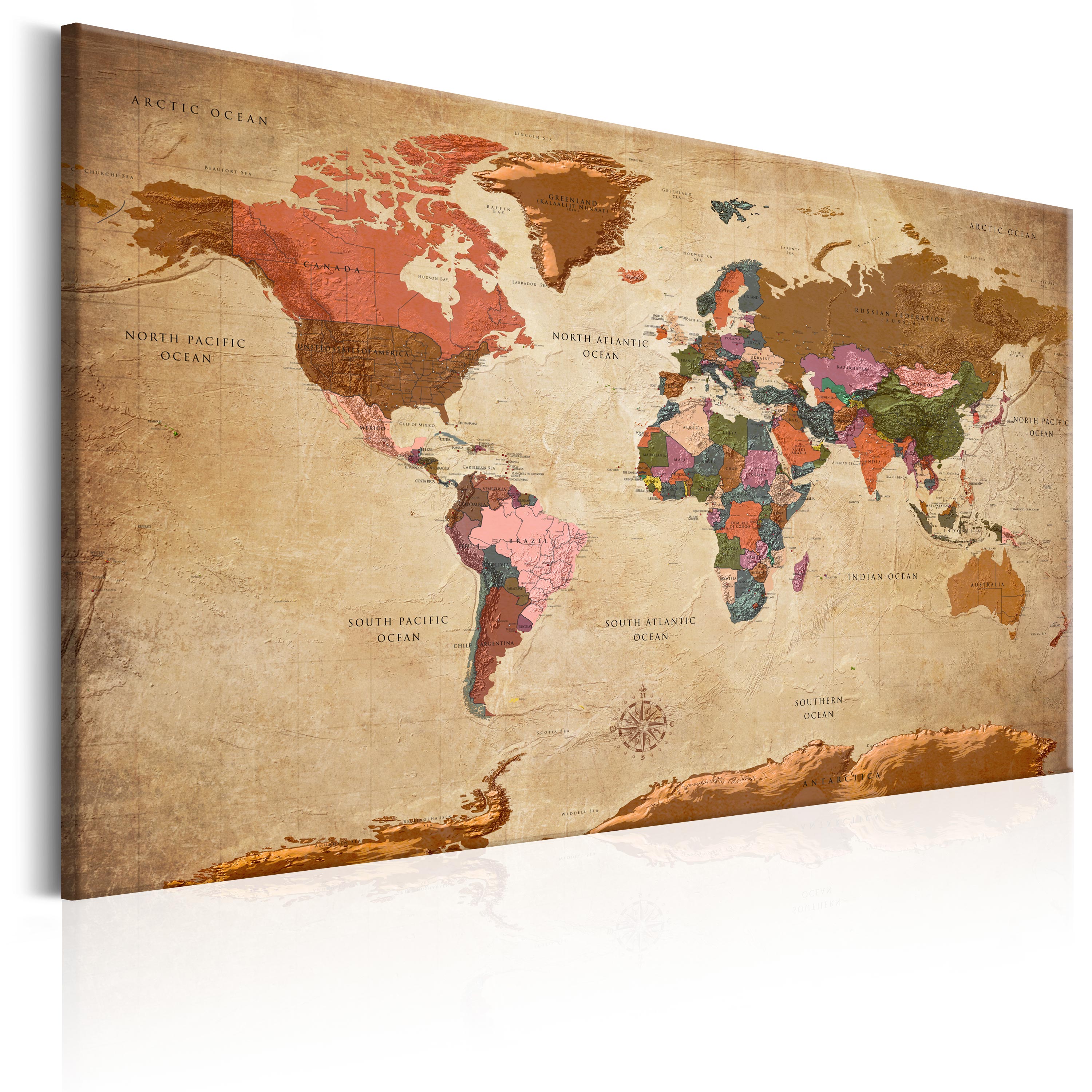 ARTGEIST Brown Elegance - Gammelt verdenskort trykt på lærred - Flere størrelser 90x60