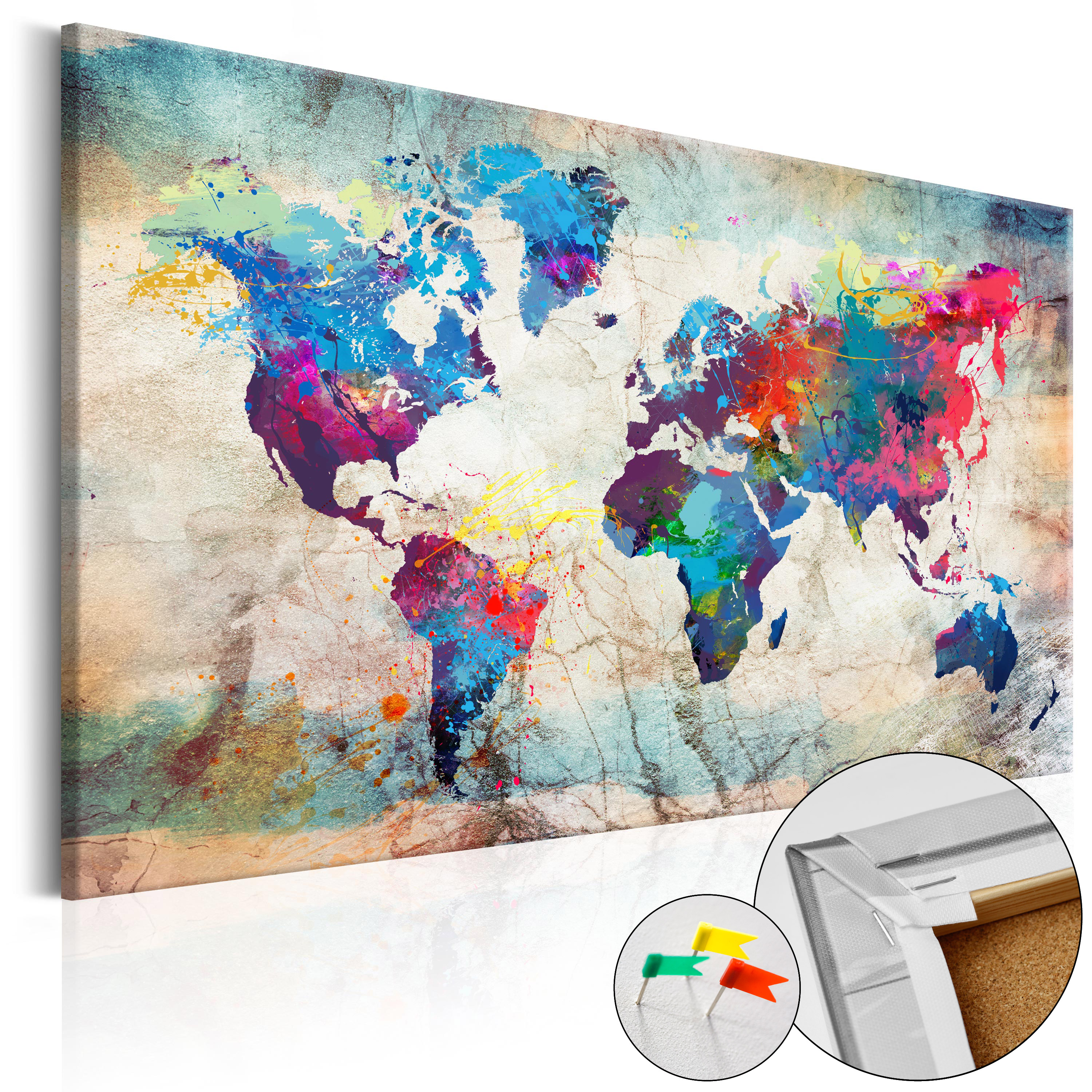 ARTGEIST Colourful Madness - Farverigt verdenskort på marmor trykt på kork - Flere størrelser 120x80