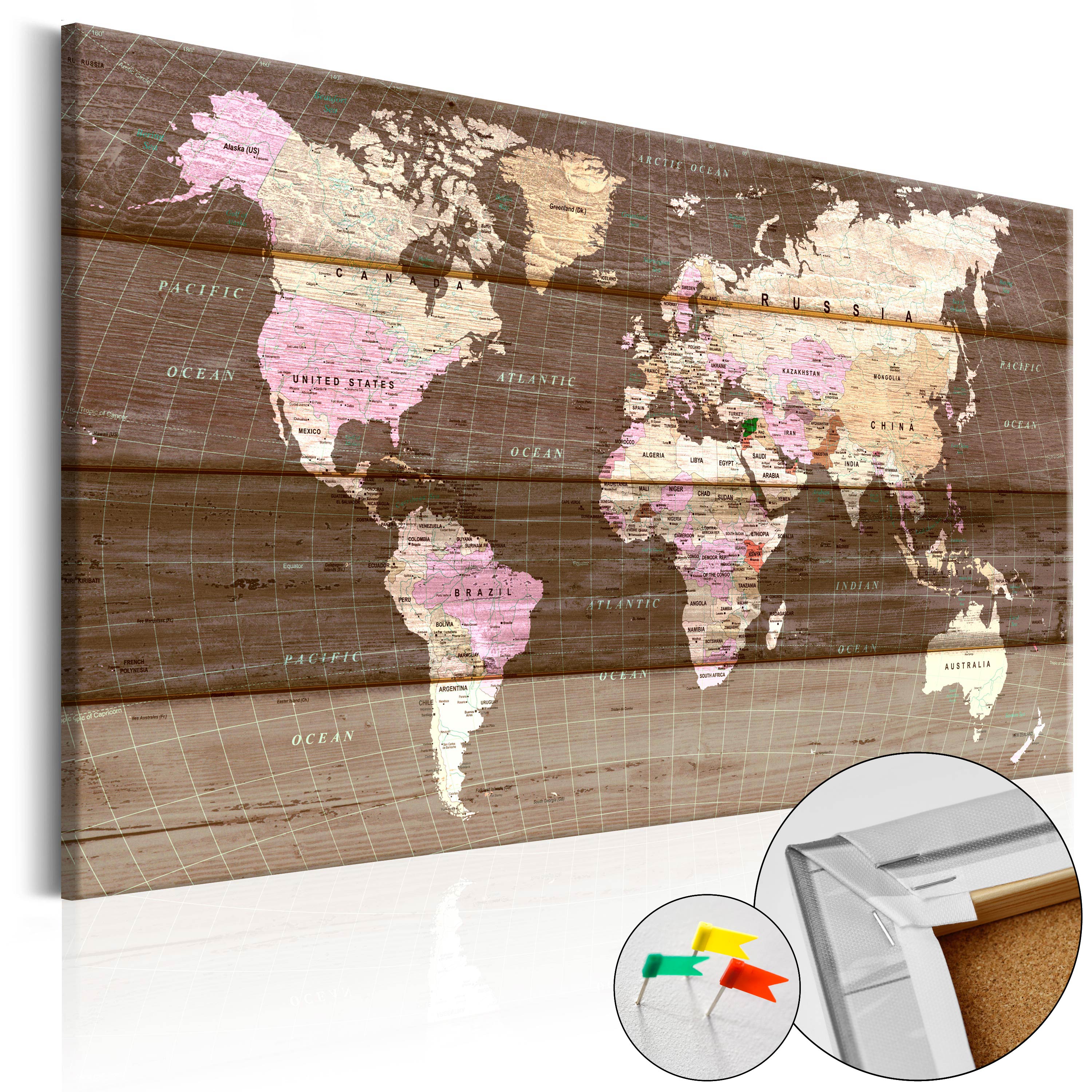 ARTGEIST Wooden World - Klassisk verdenskort med linjer på træ trykt på kork - Flere størrelser 90x60