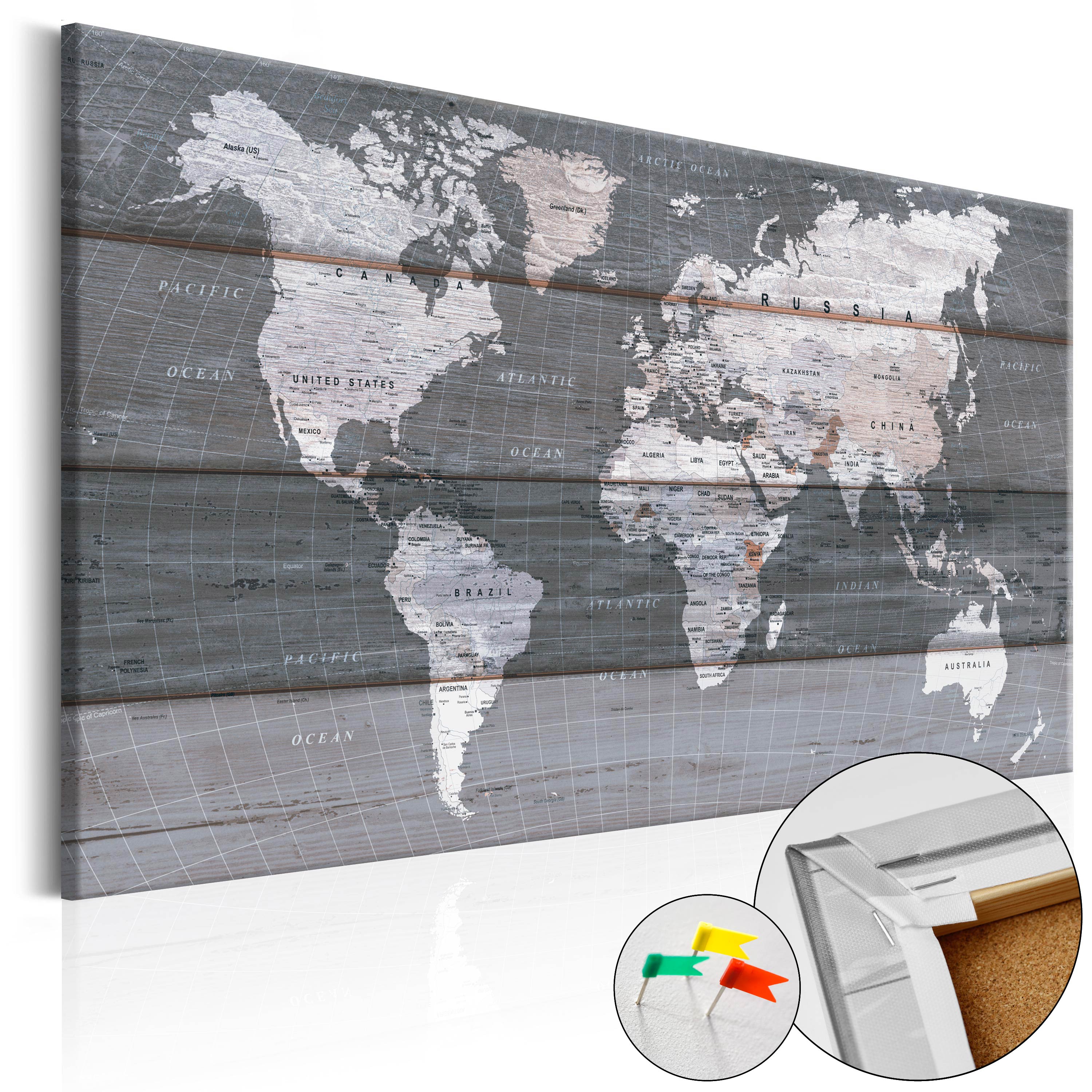 ARTGEIST Grey Earth - Klassisk verdenskort med linjer på træ trykt på kork - Flere størrelser 120x80