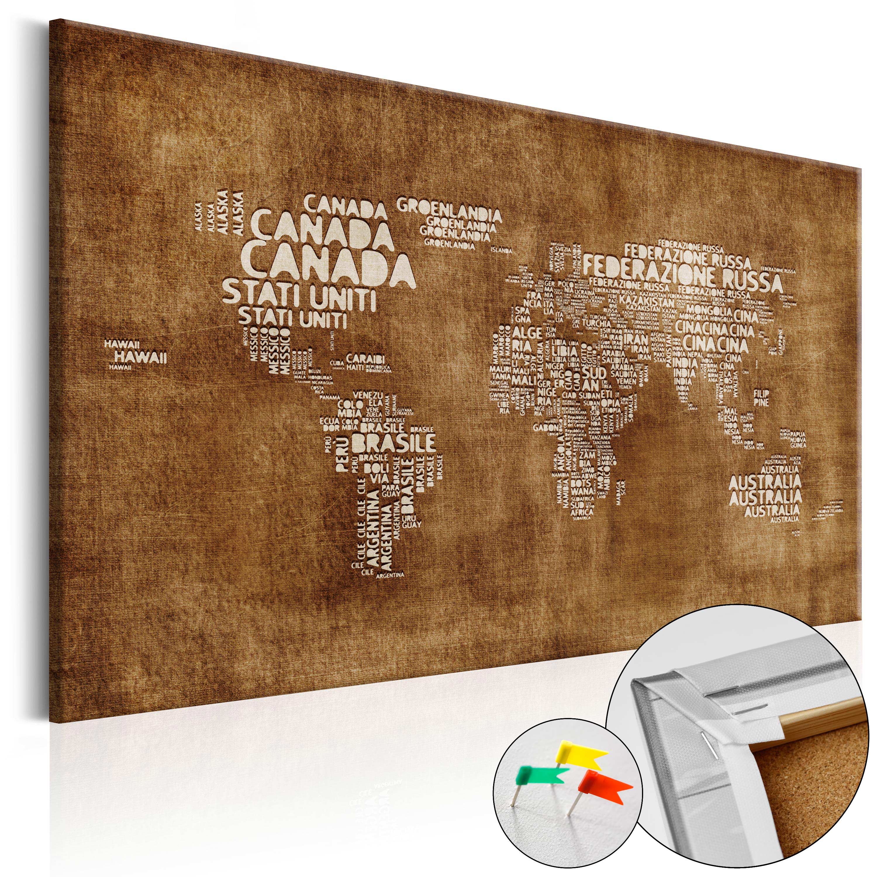 ARTGEIST The Lost Map - Verdenskort med italienske landenavne trykt på kork - Flere størrelser 120x80