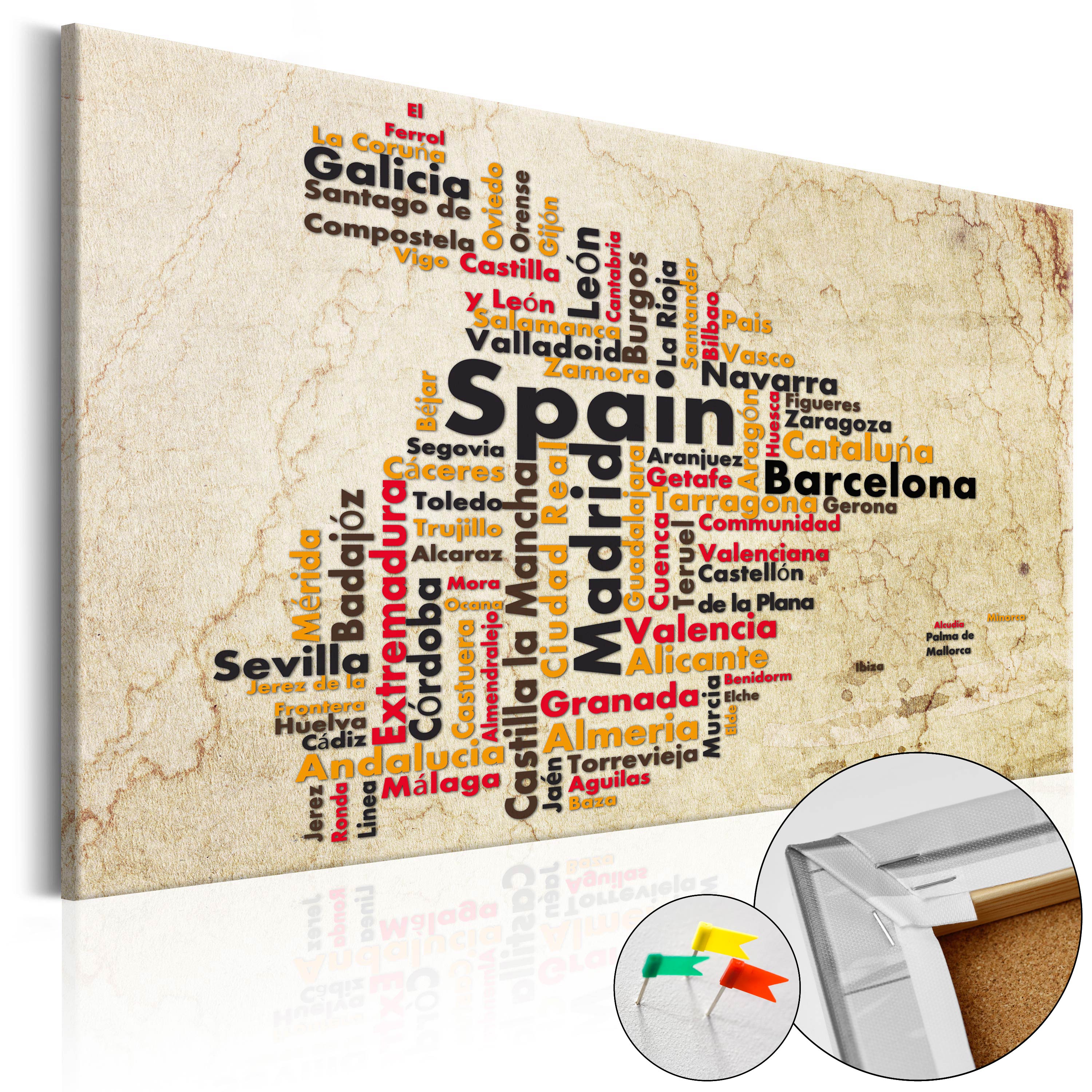 ARTGEIST Spanish Cities - Kort over Spanien lavet af bynavne trykt på kork - Flere størrelser 120x80