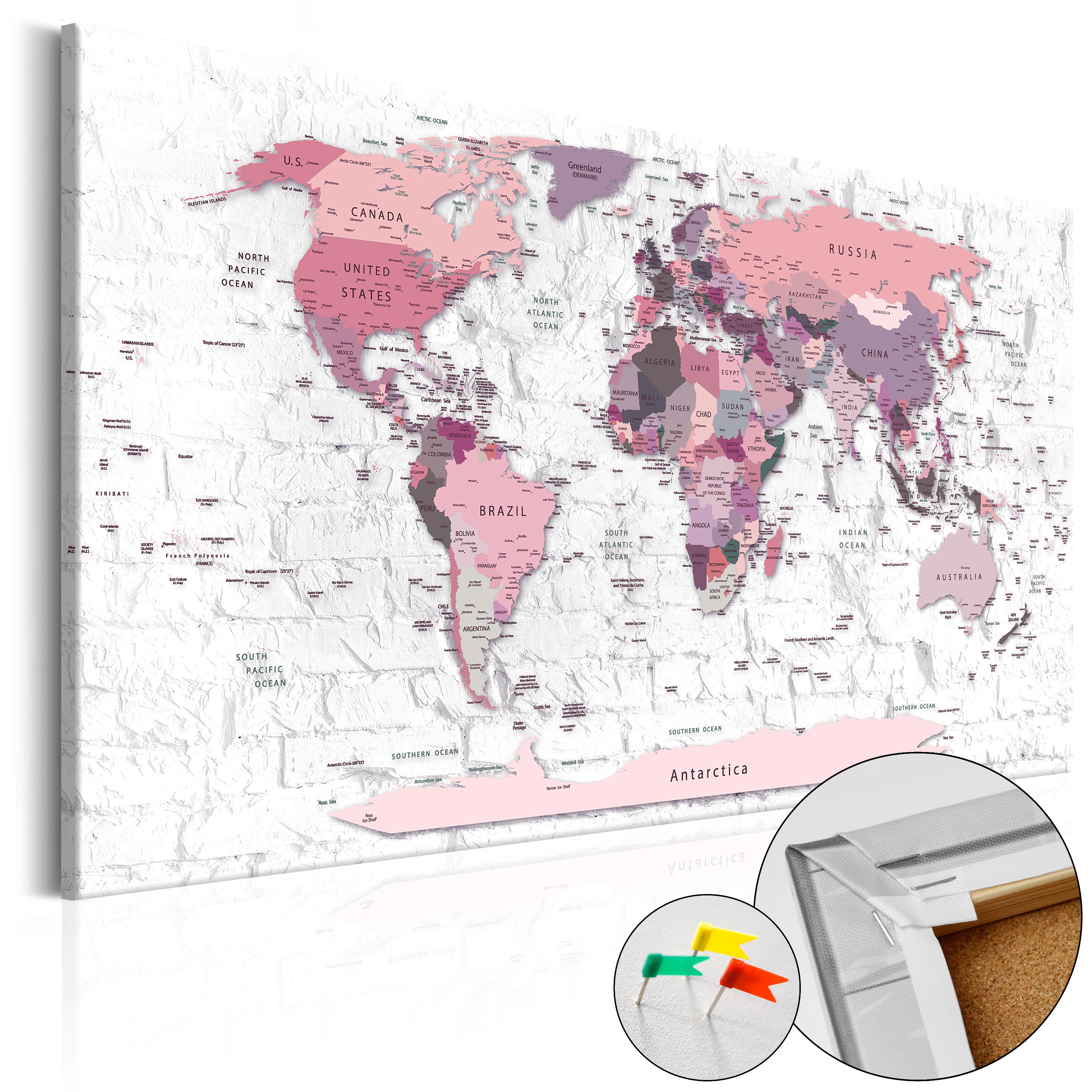 ARTGEIST Pink Frontiers - Klassisk verdenskort trykt på kork - Flere størrelser 120x80