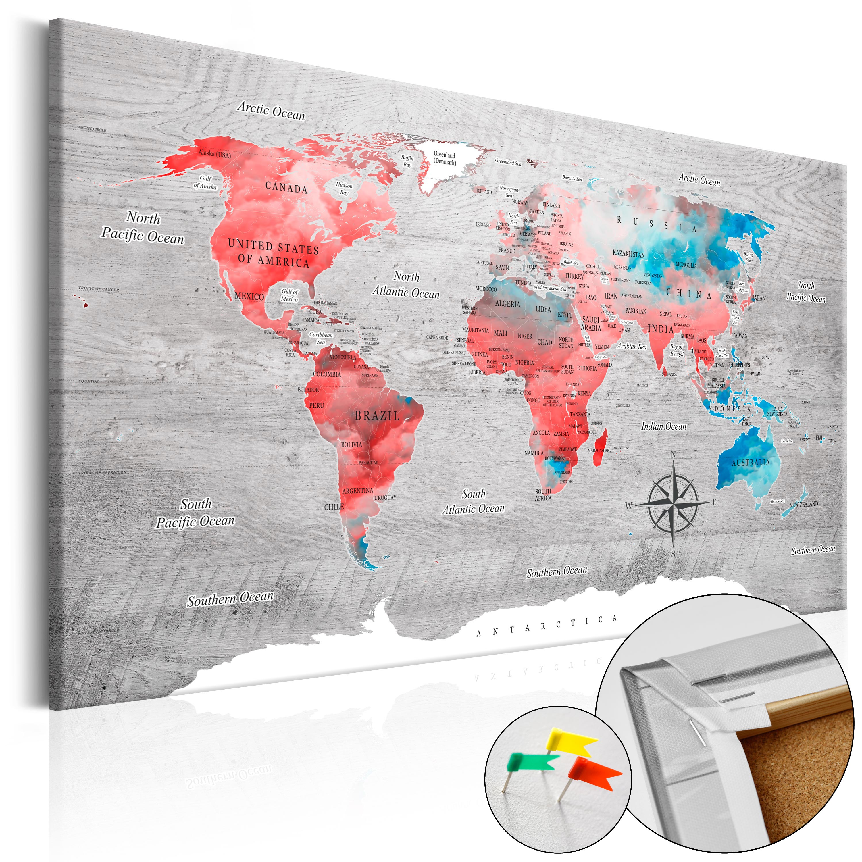 ARTGEIST Red Roam - Farverigt verdenskort på beton trykt på kork - Flere størrelser 60x40