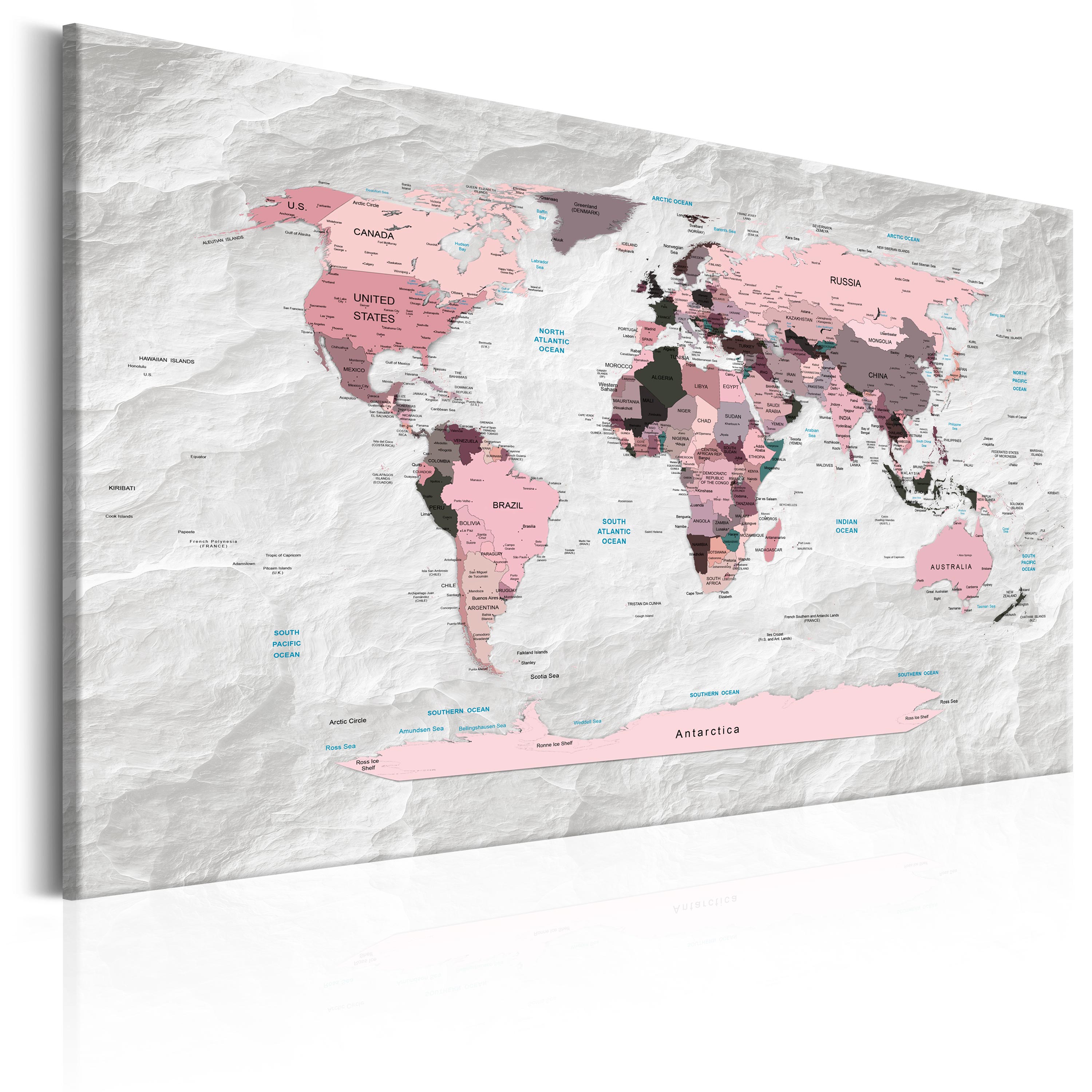 ARTGEIST Pink Continents - Pink verdenskort med sten-effekt trykt på lærred - Flere størrelser 60x40