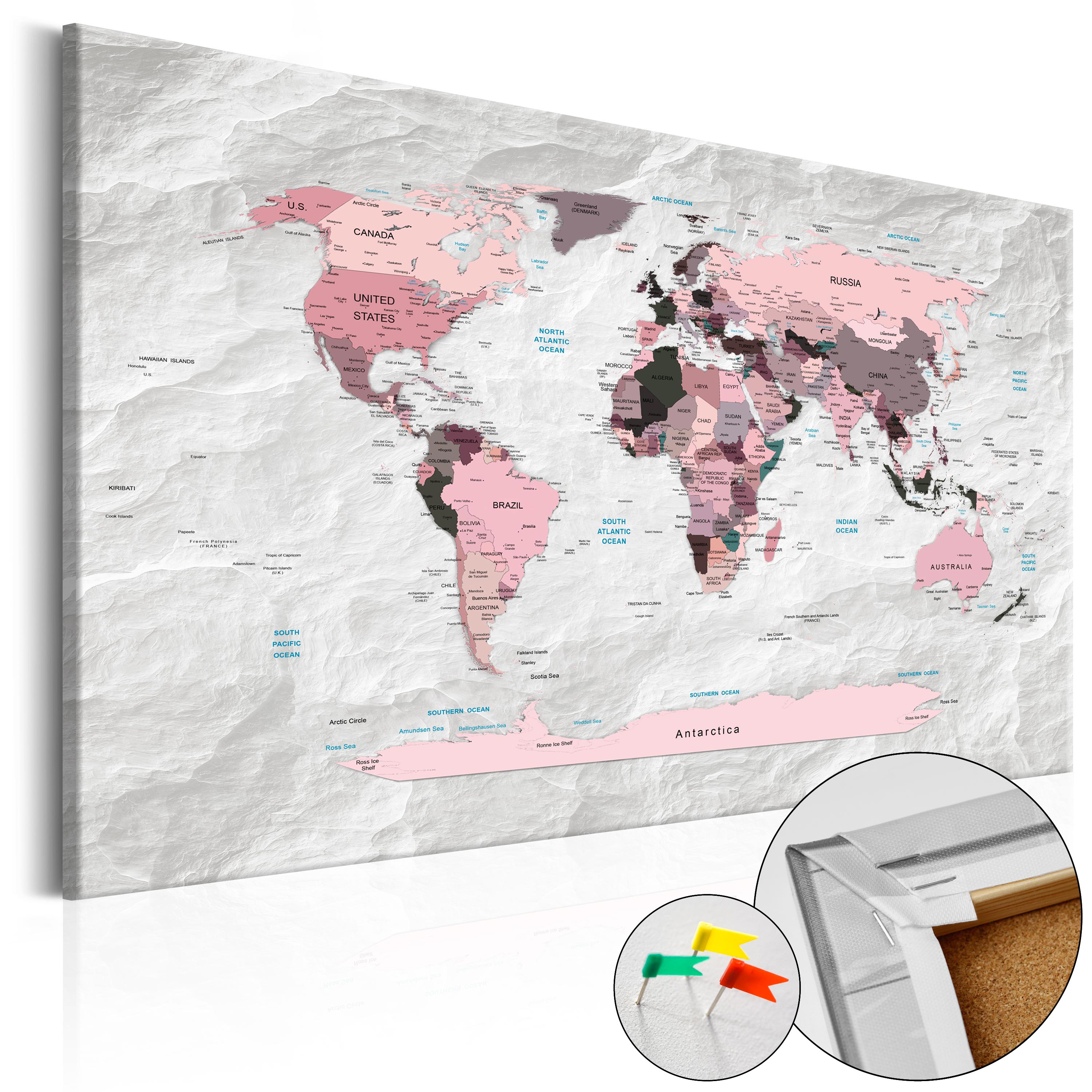 ARTGEIST Pink Continents - Pink verdenskort med sten-effekt trykt på kork - Flere størrelser 120x80