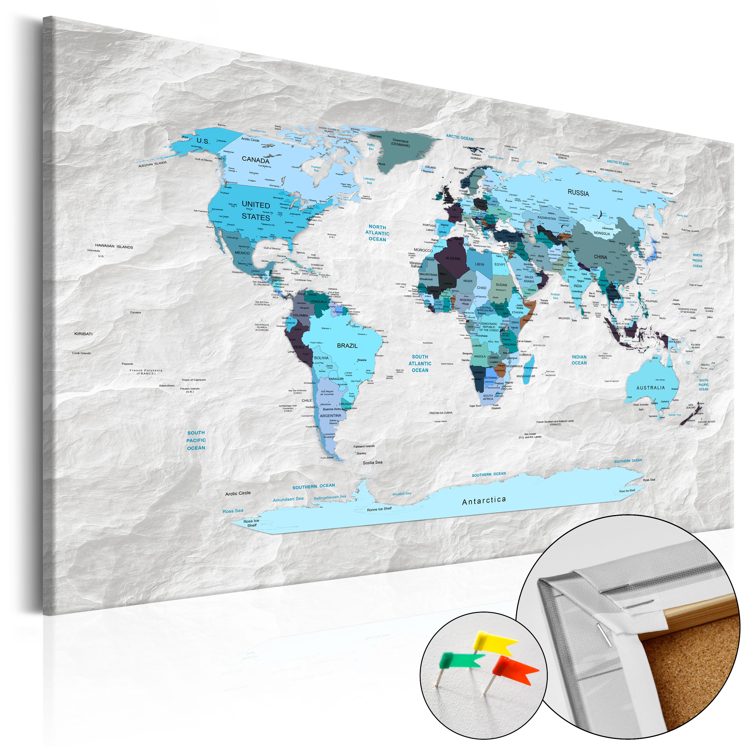ARTGEIST Blue Pilgrimages - Blå verdenskort med sten-effekt trykt på kork - Flere størrelser 120x80