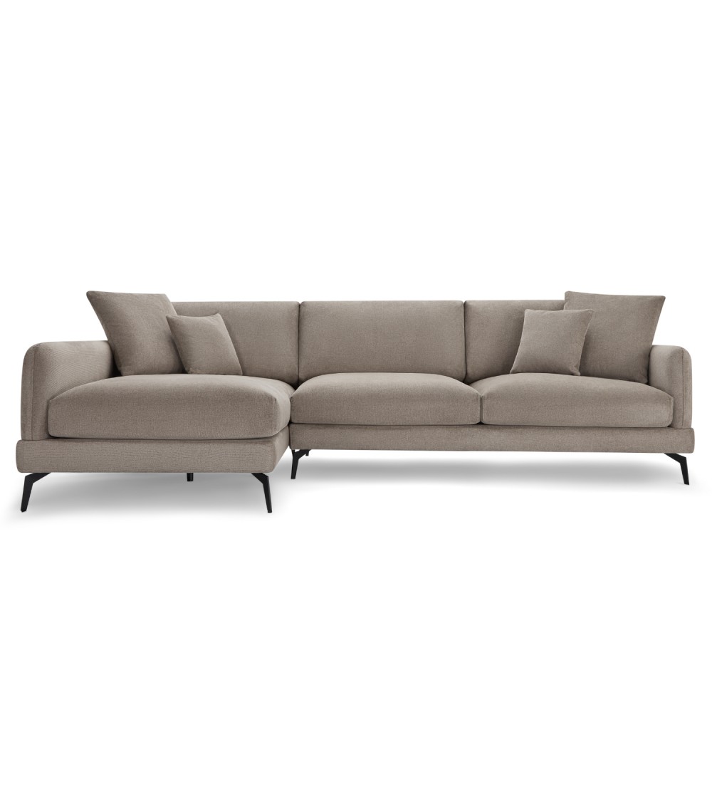 Maggie sofa, m. venstre chaiselong og 4 pyntepuder - brun stof og sort metal
