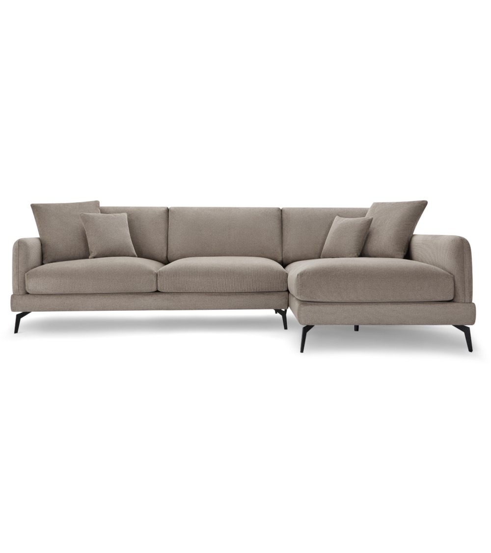 Maggie sofa, m. højre chaiselong og 4 pyntepuder - brun stof og sort metal