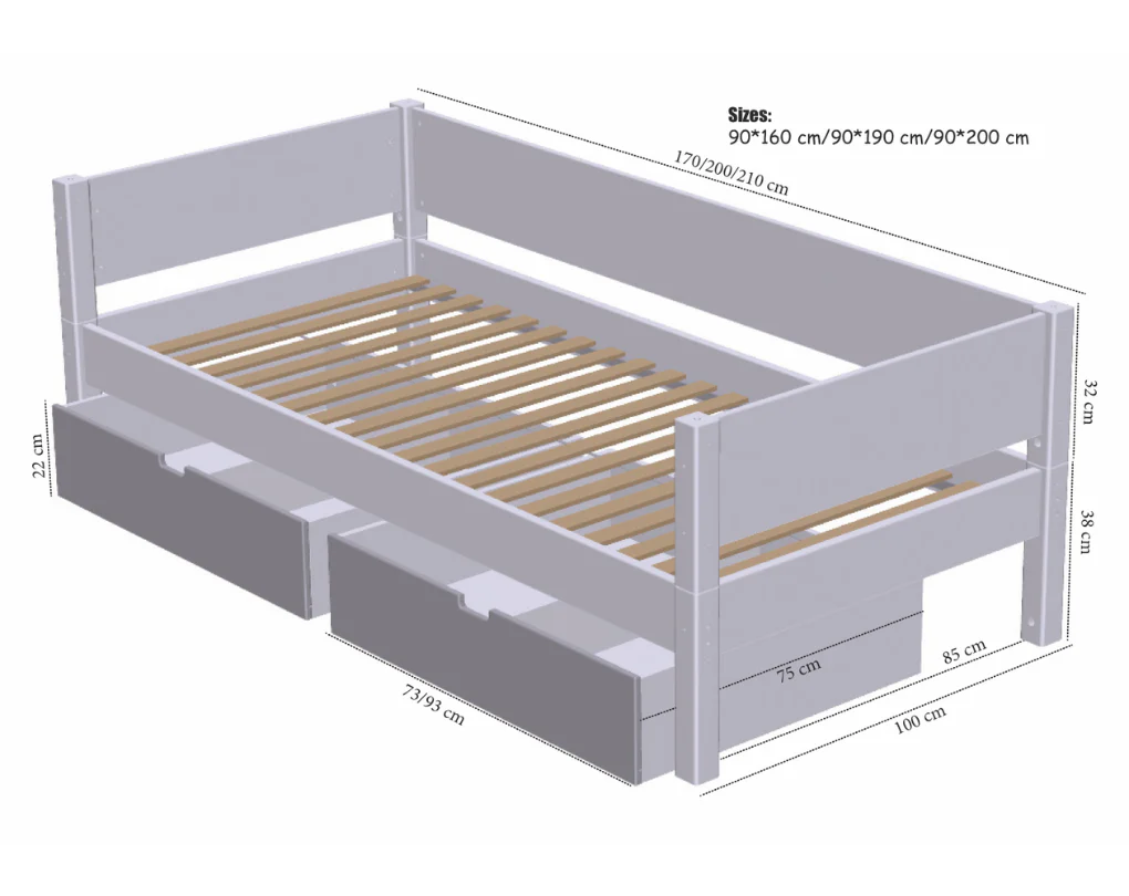 Manis-HÂ Sif Enkeltseng med skuffer - 160 cmÂ -Â 90x160