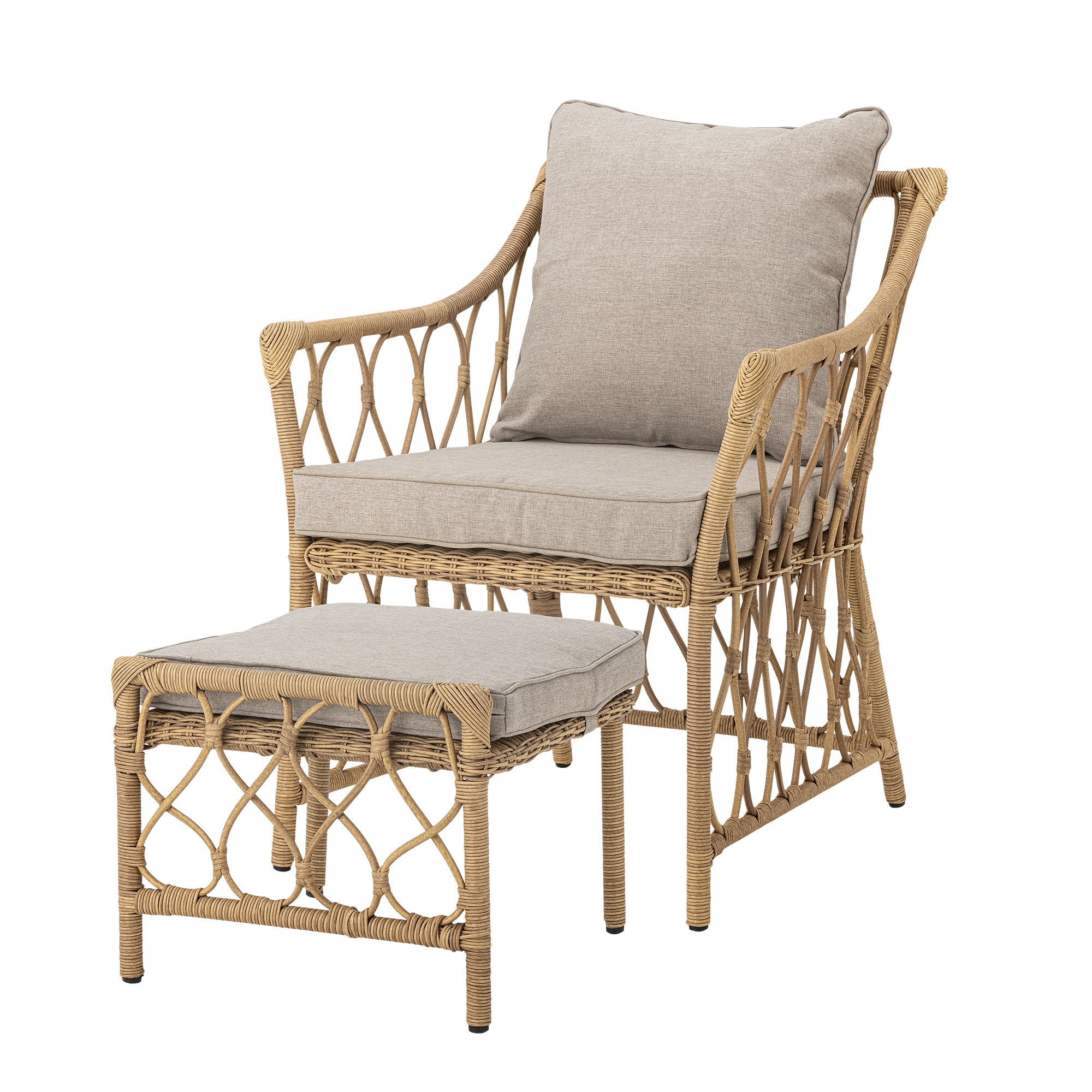 BLOOMINGVILLE Belluce udendørs loungestol, m. taburet, armlæn og hynder - natur polyrattan